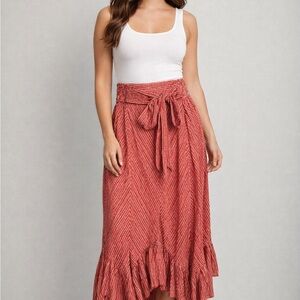 Rust Red Tie-Waist Ruffled Midi Skirt M